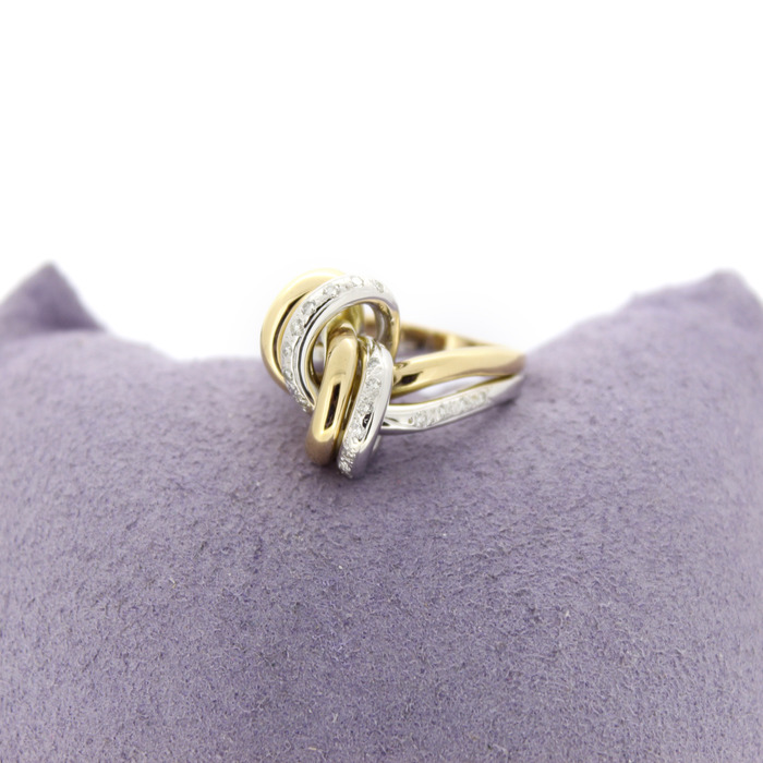 Ring Knoop Bicolor Wit geelgoud 18 Karaat Briljanten Tweedehands 99077-3054 Juwelier Clem Vercammen.jpg