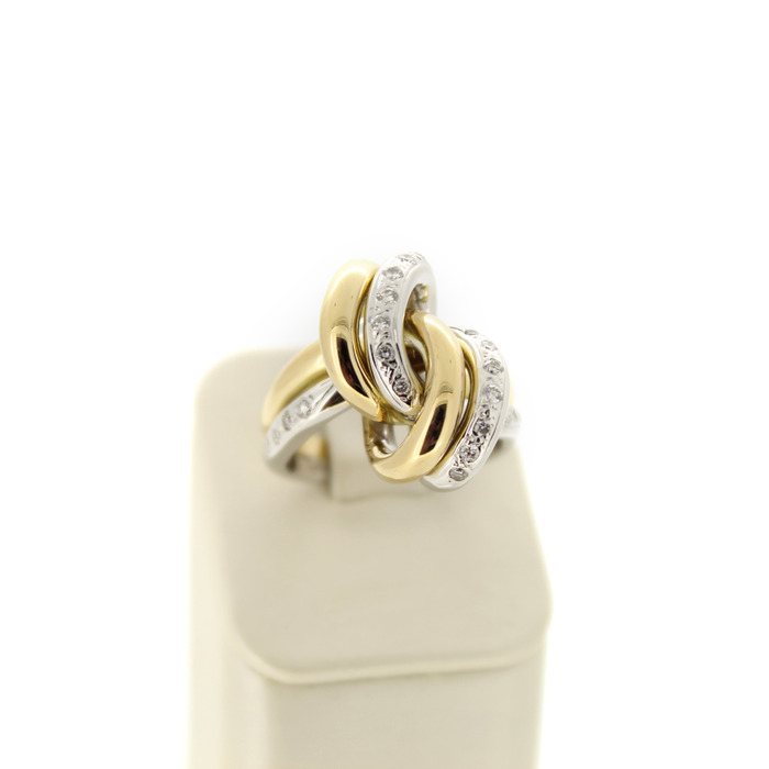Ring Knoop Bicolor Wit geelgoud 18 Karaat Briljanten Tweedehands 99077-3054 Juwelier Clem Vercammen.jpg