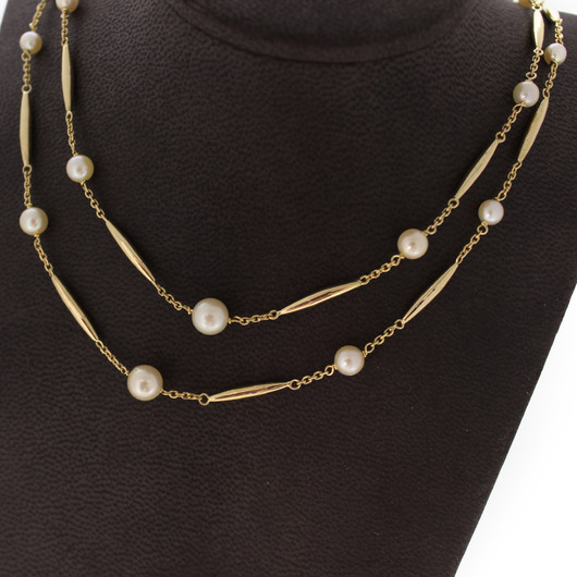 Juweel Vintage dubbele rang Collier geelgoud 18 karaat met parels '81814-3084-TWDH' Juweel Vintage dubbele rang Collier geelgoud 18 karaat met parels '81814-3084-TWDH'