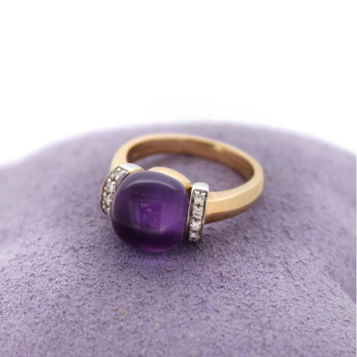 Ring Bigli Ros Goud 18 karaat Briljanten Amethist Mother Of Pearl Quartz Tweedehands 1531-3135 Juwelier Clem Vercammen.jpg
