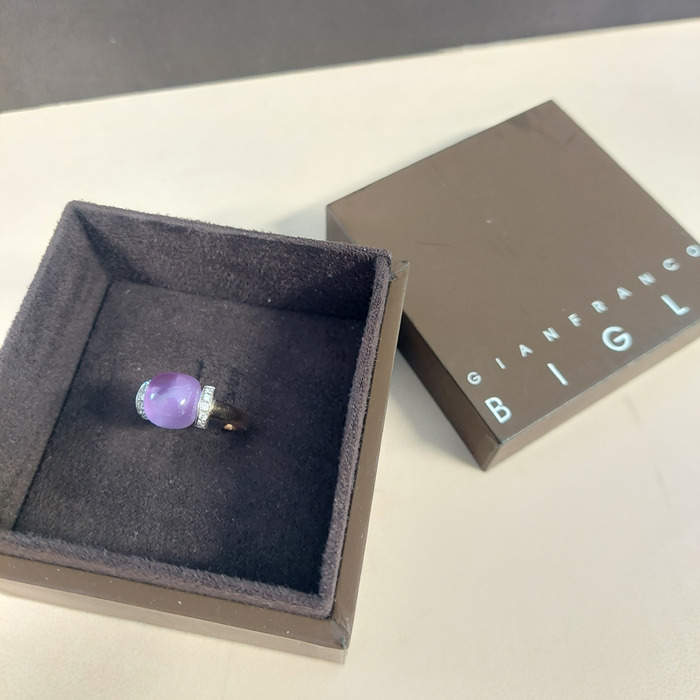 Ring Bigli Ros Goud 18 karaat Briljanten Amethist Mother Of Pearl Quartz Tweedehands 1531-3135 Juwelier Clem Vercammen.jpg