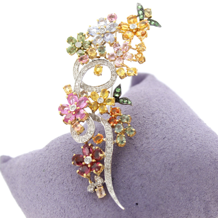 Broche Bicolor Wit Geelgoud 18K Kleurstenen Briljanten Bloem TWeedehands 2228-3233 Juwelier Clem Vercammen.jpg