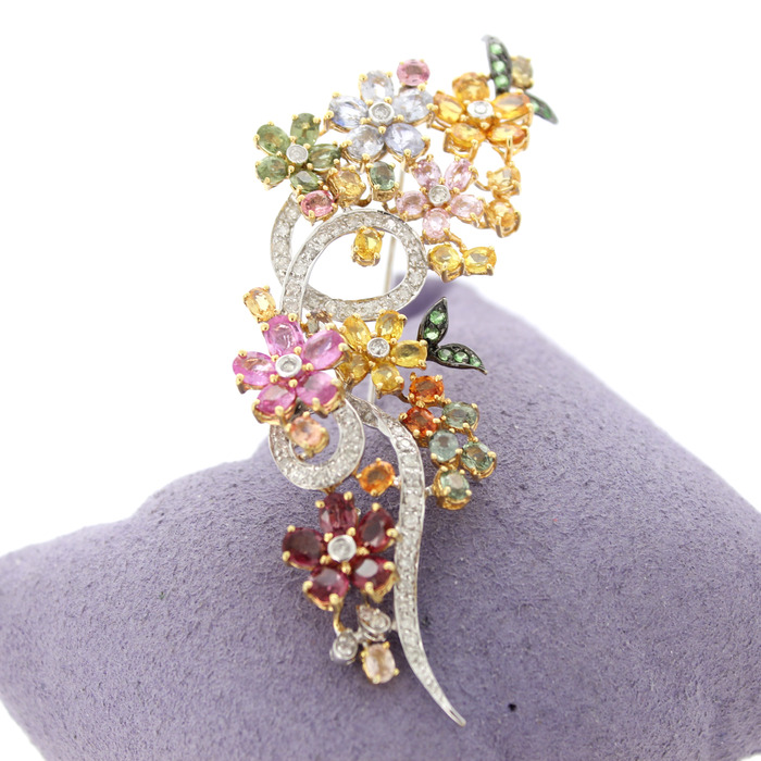 Broche Bicolor Wit Geelgoud 18K Kleurstenen Briljanten Bloem TWeedehands 2228-3233 Juwelier Clem Vercammen.jpg