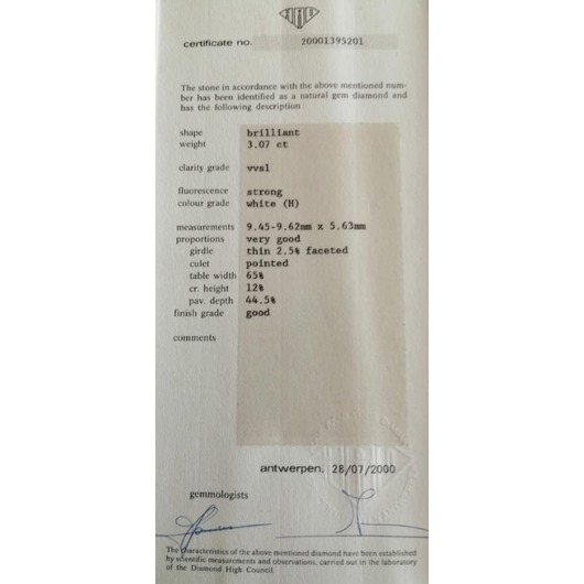 Juweel Briljant 3.07ct. VVS1 - H '65003-1060-TWDH' 