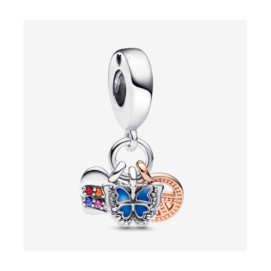 Juweel Pandora Moments Rainbow Heart, Butterfly & Peace Triple Dangle Charm 782572C01 Juweel Pandora Moments Rainbow Heart, Butterfly & Peace Triple Dangle Charm 782572C01