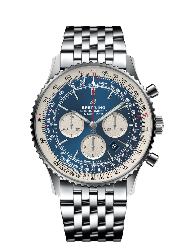 Breitling Navitimer 1 B01 Chronograph 46 AB0127211C1A1 met blauwe  wijzerplaat en Navitimer staal band